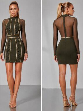 💥💖HOST PICK💖💥ULTRA-SEXY Mesh Lace Up Cocktail Dress in Green & Gold